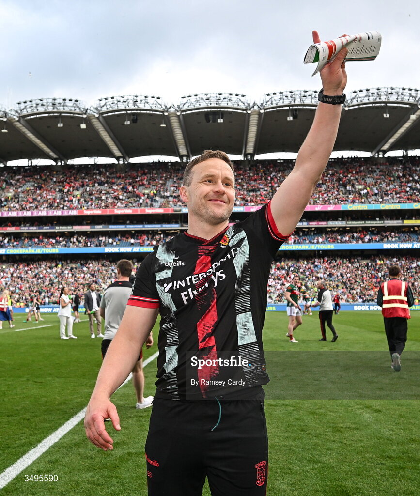 27 June 2026; Mayo manager Andy Moran celebrates after the GAA Football All-Ireland Senior Championship quarter-final match between Cork and Mayo at Croke Park in Dublin. Photo by Ramsey Cardy/Sportsfile