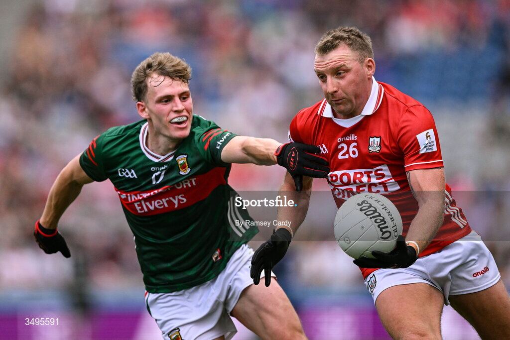 27 June 2026; Brian Hurley of Cork in action against Diarmuid Duffy of Mayo during the GAA Football All-Ireland Senior Championship quarter-final match between Cork and Mayo at Croke Park in Dublin. Photo by Ramsey Cardy/Sportsfile