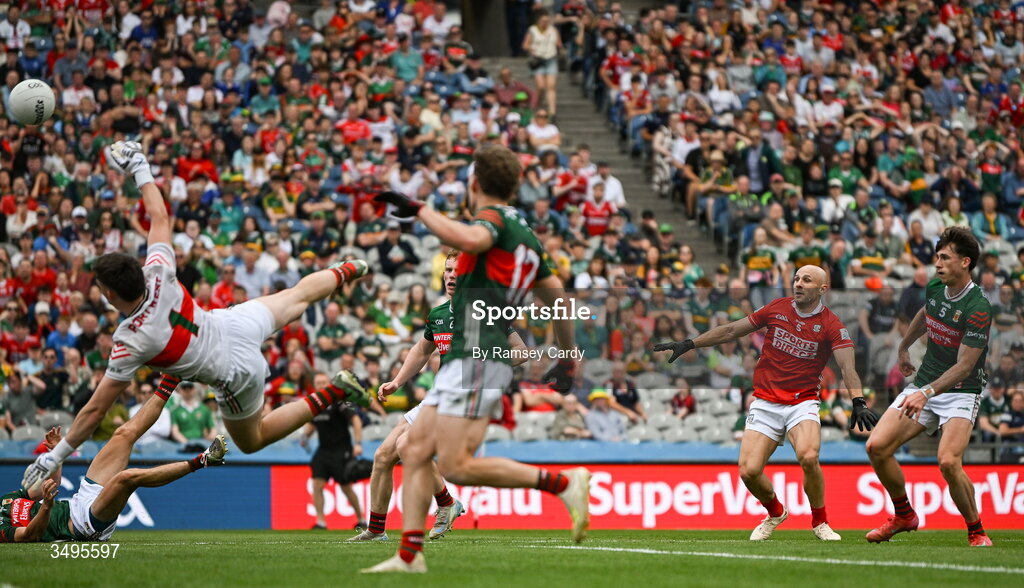 27 June 2026; Brian O'Driscoll of Cork has a shot at goal saved by Mayo goalkeeper Jack Livingstone during the GAA Football All-Ireland Senior Championship quarter-final match between Cork and Mayo at Croke Park in Dublin. Photo by Ramsey Cardy/Sportsfile