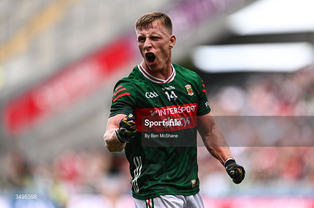 27 June 2026; Ryan O Donoghue of Mayo celebrates after the GAA Football All-Ireland Senior Championship quarter-final match between Cork and Mayo at Croke Park in Dublin. Photo by Ben McShane/Sportsfile