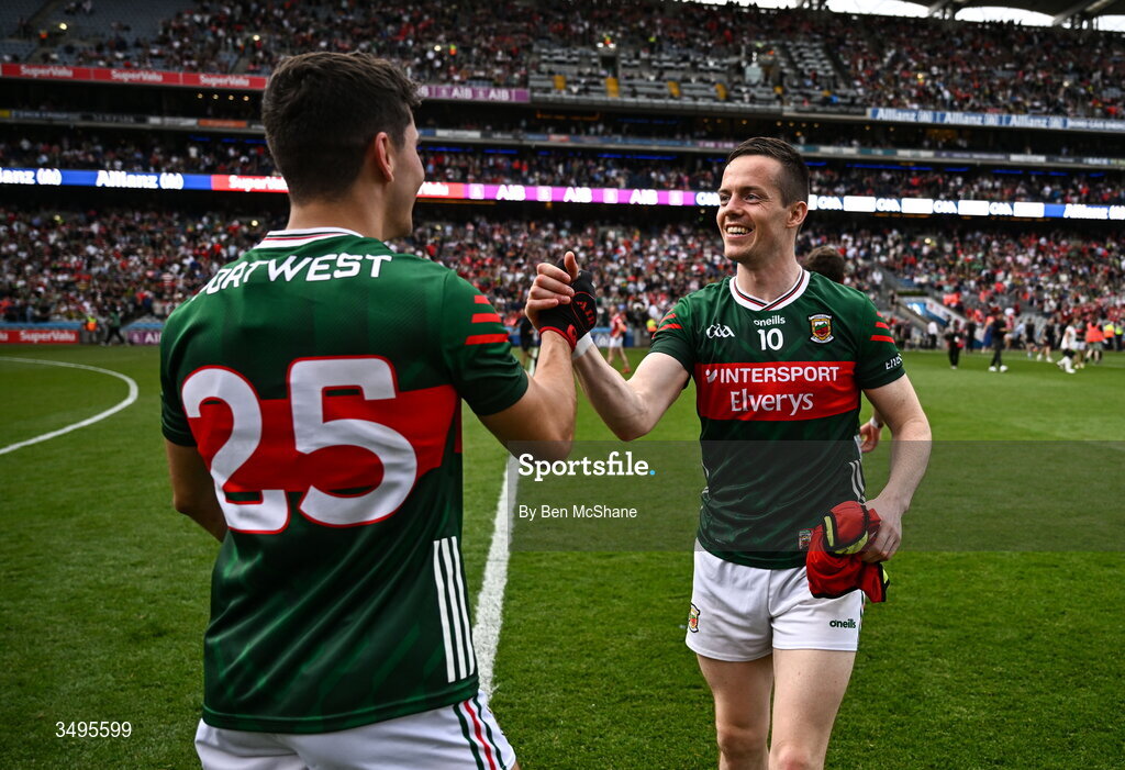 27 June 2026; Stephen Coen, right, and Tommy Conroy of Mayo celebrate after the GAA Football All-Ireland Senior Championship quarter-final match between Cork and Mayo at Croke Park in Dublin. Photo by Ben McShane/Sportsfile