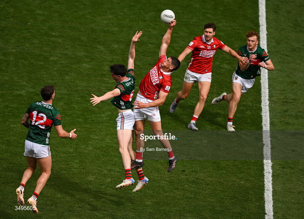 27 June 2026; Colm O'Callaghan of Cork in action against Bob Touhy of Mayo during the GAA Football All-Ireland Senior Championship quarter-final match between Cork and Mayo at Croke Park in Dublin. Photo by Sam Barnes/Sportsfile
