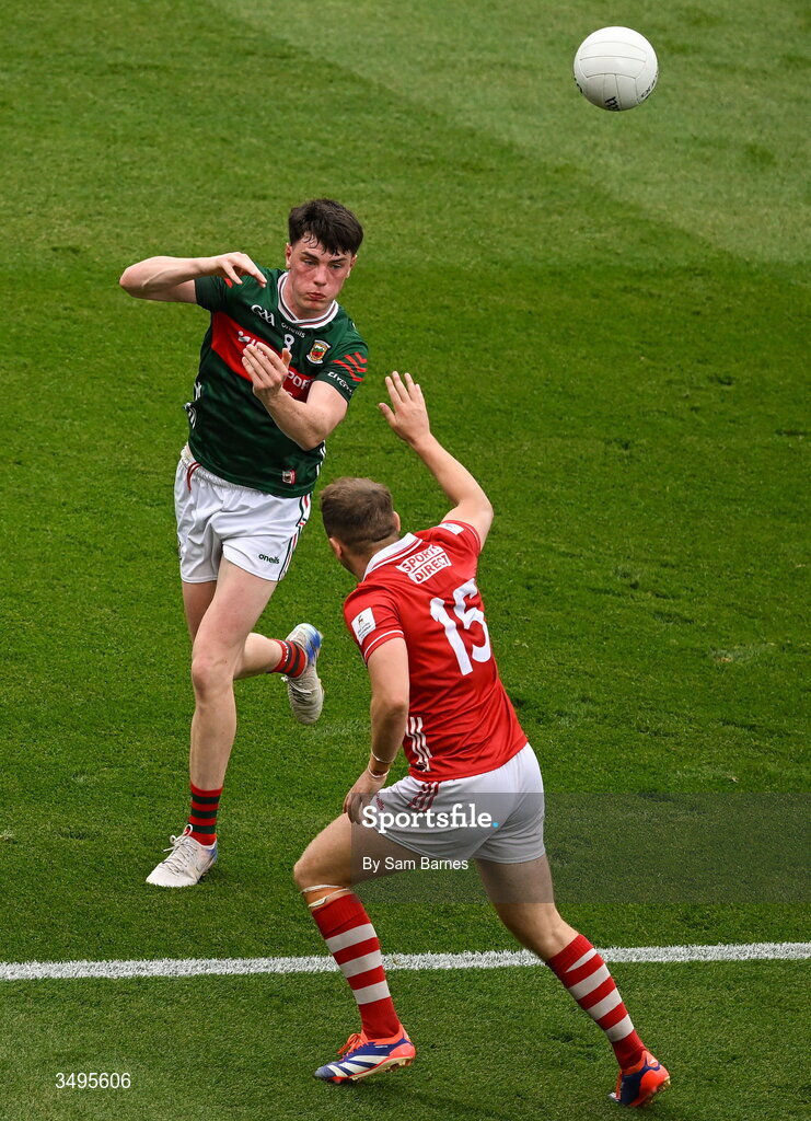 27 June 2026; Bob Touhy of Mayo in action against Steven Sherlock of Cork during the GAA Football All-Ireland Senior Championship quarter-final match between Cork and Mayo at Croke Park in Dublin. Photo by Sam Barnes/Sportsfile