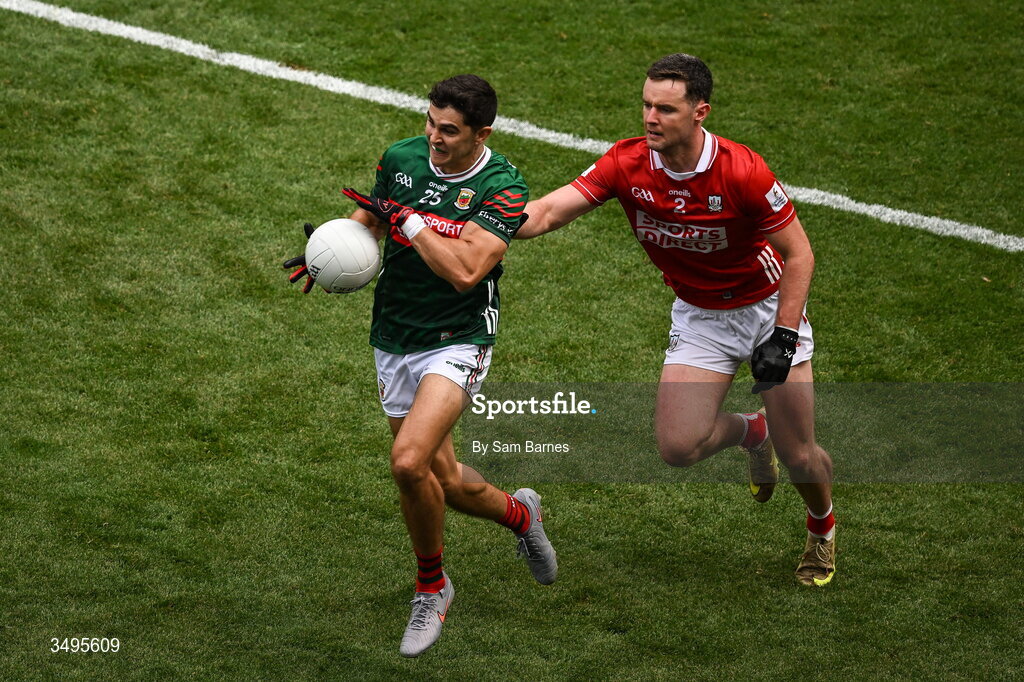 27 June 2026; Tommy Conroy of Mayo in action against Maurice Shanley of Cork during the GAA Football All-Ireland Senior Championship quarter-final match between Cork and Mayo at Croke Park in Dublin. Photo by Sam Barnes/Sportsfile