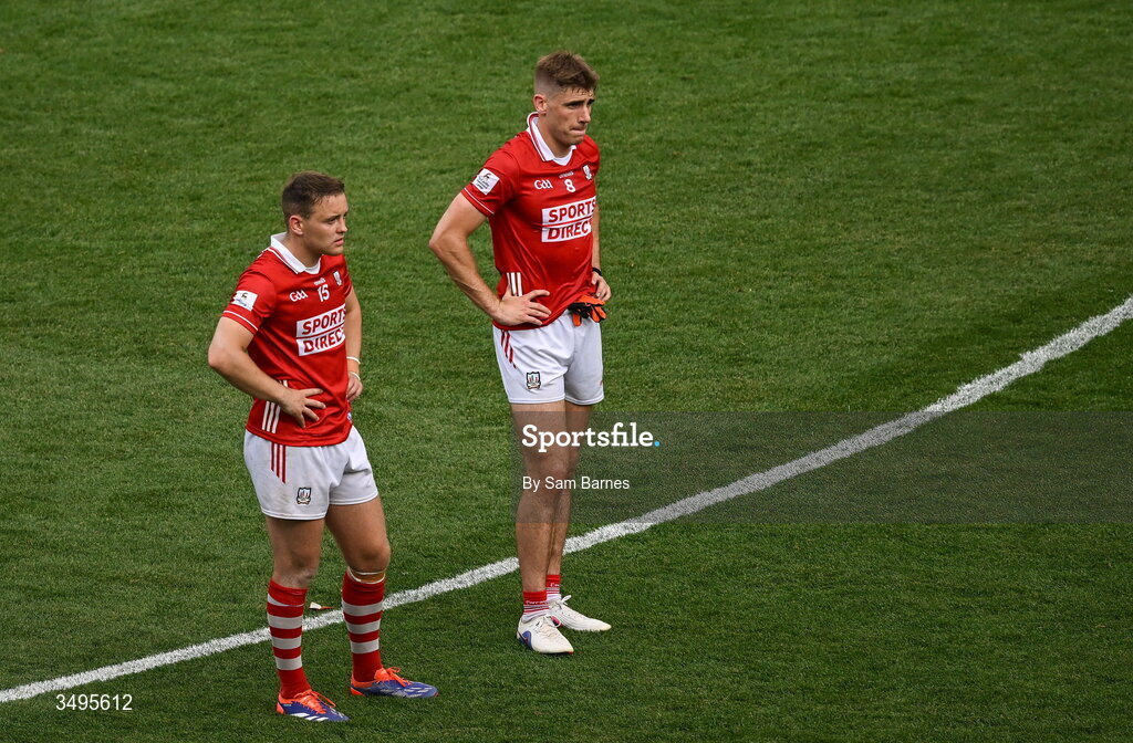 27 June 2026; Steven Sherlock of Cork, left, and teammate Ian Maguire dejected after their side's defeat in the GAA Football All-Ireland Senior Championship quarter-final match between Cork and Mayo at Croke Park in Dublin. Photo by Sam Barnes/Sportsfile