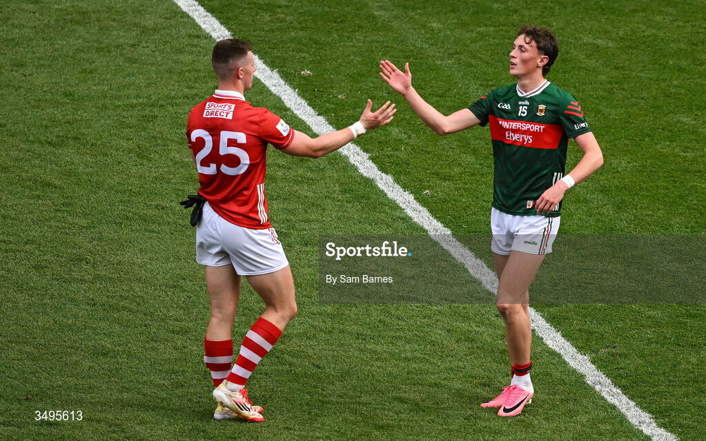 27 June 2026; Conor Corbett of Cork and Kobe McDonald of Mayo shake hands after the GAA Football All-Ireland Senior Championship quarter-final match between Cork and Mayo at Croke Park in Dublin. Photo by Sam Barnes/Sportsfile