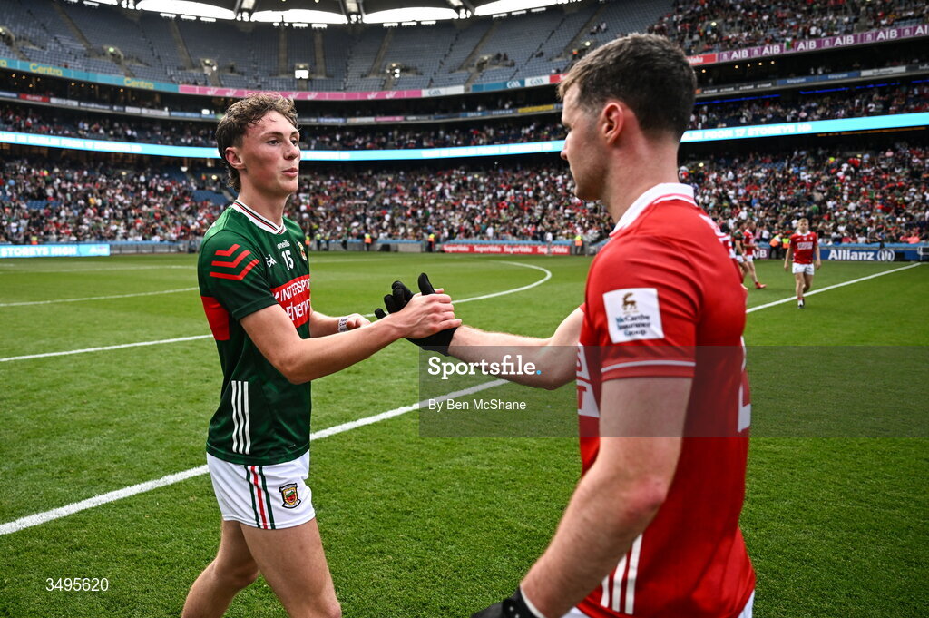 27 June 2026; Kobe McDonald of Mayo with Maurice Shanley of Cork after the GAA Football All-Ireland Senior Championship quarter-final match between Cork and Mayo at Croke Park in Dublin. Photo by Ben McShane/Sportsfile