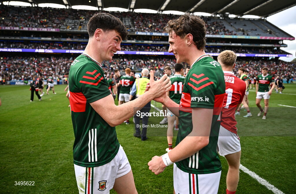 27 June 2026; Bob Touhy, left, and Kobe McDonald of Mayo celebrate after  the GAA Football All-Ireland Senior Championship quarter-final match between Cork and Mayo at Croke Park in Dublin. Photo by Ben McShane/Sportsfile