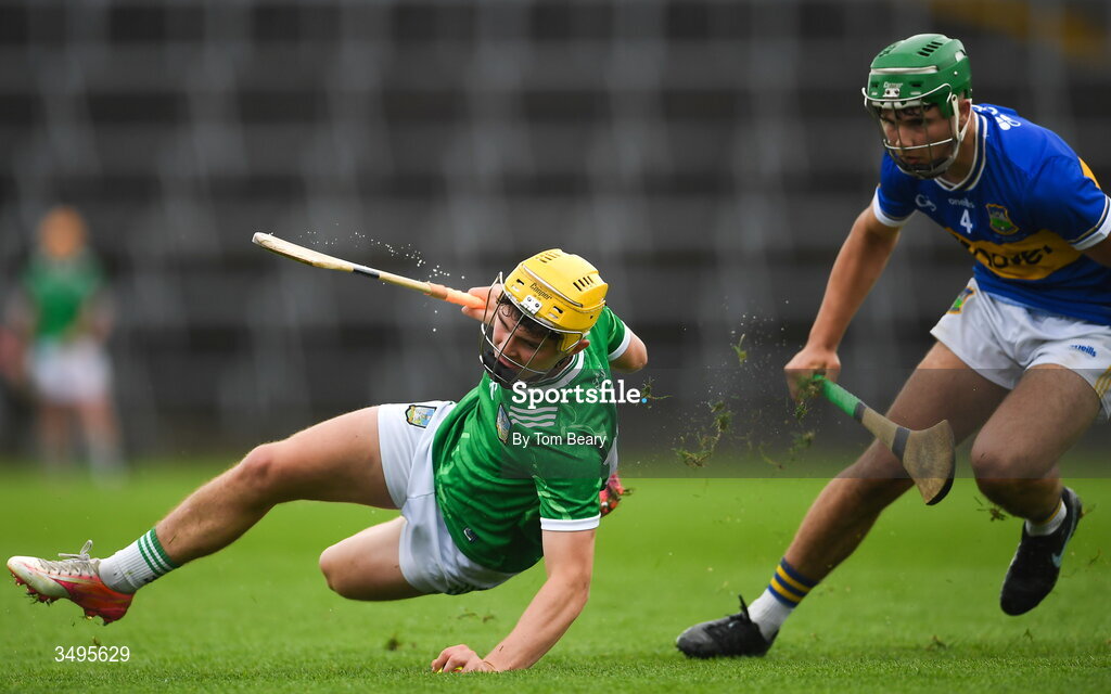 27 June 2026; Rian Horgan of Limerick in action against Conor Collins of Tipperary during the Electric Ireland All-Ireland Minor Hurling Championship final match between Limerick and Tipperary at TUS Gaelic Grounds in Limerick. Photo by Tom Beary/Sportsfile