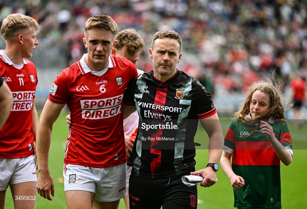 27 June 2026; Mayo manager Andy Moran consoles Tommy Walsh of Cork after the GAA Football All-Ireland Senior Championship quarter-final match between Cork and Mayo at Croke Park in Dublin. Photo by Ray McManus/Sportsfile