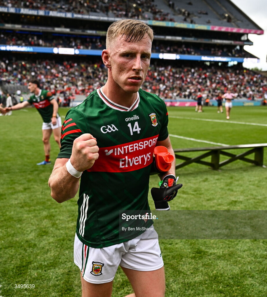 27 June 2026; Ryan O Donoghue of Mayo celebrates after the GAA Football All-Ireland Senior Championship quarter-final match between Cork and Mayo at Croke Park in Dublin. Photo by Ben McShane/Sportsfile