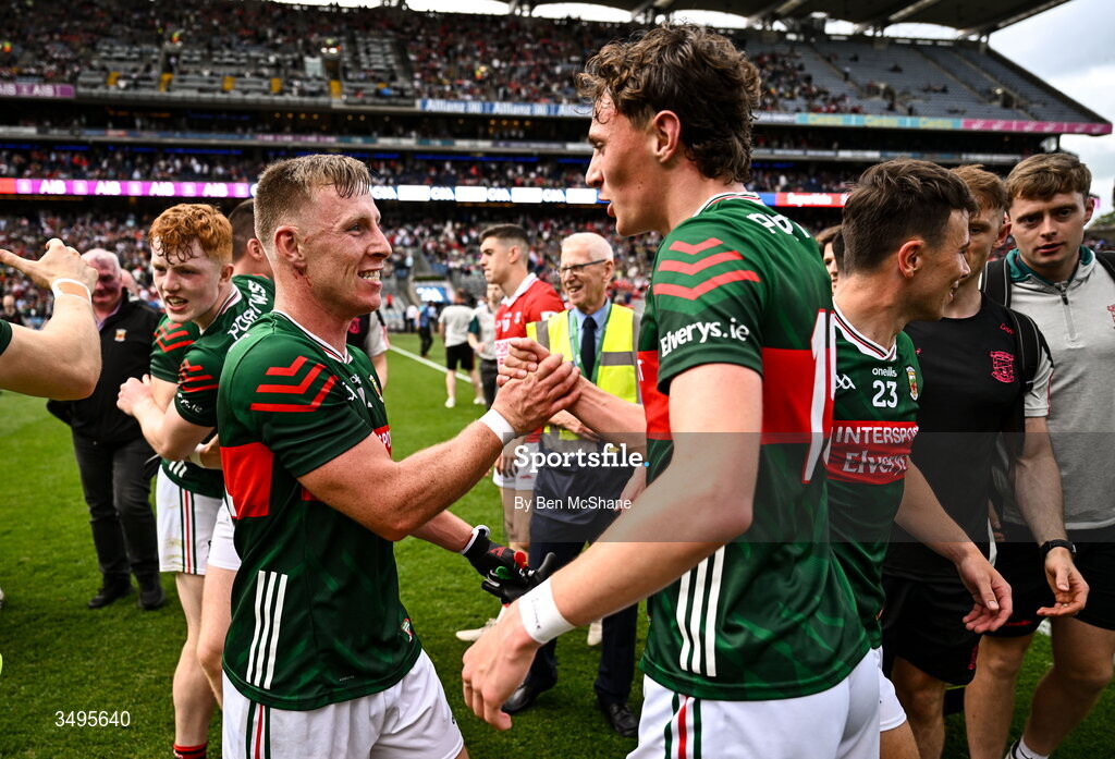 27 June 2026; Ryan O Donoghue, right, and Kobe McDonald of Mayo celebrate after  the GAA Football All-Ireland Senior Championship quarter-final match between Cork and Mayo at Croke Park in Dublin. Photo by Ben McShane/Sportsfile