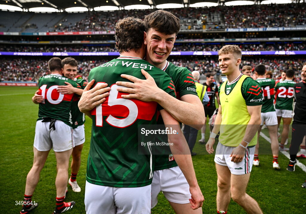 27 June 2026; Bob Touhy, right, and Kobe McDonald of Mayo celebrate after  the GAA Football All-Ireland Senior Championship quarter-final match between Cork and Mayo at Croke Park in Dublin. Photo by Ben McShane/Sportsfile