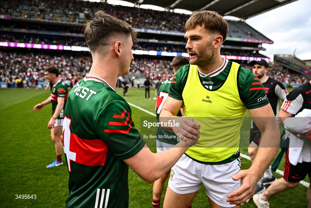 27 June 2026; Aidan O Shea, right, and Eoin McGreal of Mayo celebrate after the GAA Football All-Ireland Senior Championship quarter-final match between Cork and Mayo at Croke Park in Dublin. Photo by Ben McShane/Sportsfile