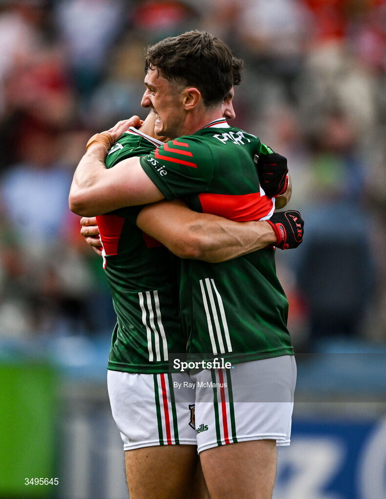 27 June 2026; Tommy Conroy, left, and Jack Coyne of Mayo after the GAA Football All-Ireland Senior Championship quarter-final match between Cork and Mayo at Croke Park in Dublin. Photo by Ray McManus/Sportsfile