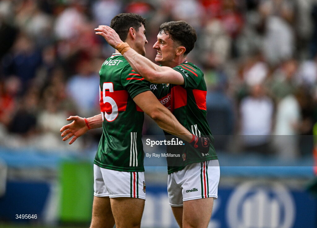 27 June 2026; Tommy Conroy, left, and Jack Coyne of Mayo after the GAA Football All-Ireland Senior Championship quarter-final match between Cork and Mayo at Croke Park in Dublin. Photo by Ray McManus/Sportsfile