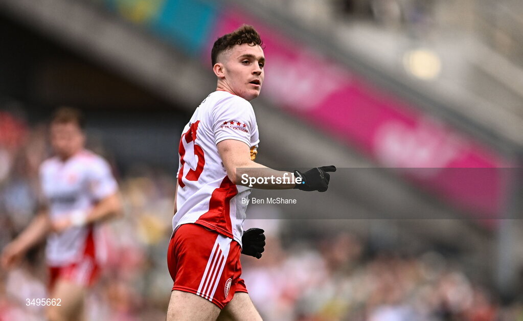 27 June 2026; Eoin McElholm of Tyrone celebrates after kicking a point during the GAA Football All-Ireland Senior Championship quarter-final match between Kerry and Tyrone at Croke Park in Dublin. Photo by Ben McShane/Sportsfile