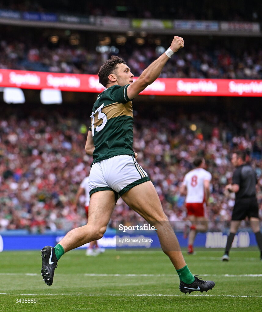 27 June 2026; David Clifford of Kerry celebrates after scoring his side's first goal during the GAA Football All-Ireland Senior Championship quarter-final match between Kerry and Tyrone at Croke Park in Dublin. Photo by Ramsey Cardy/Sportsfile