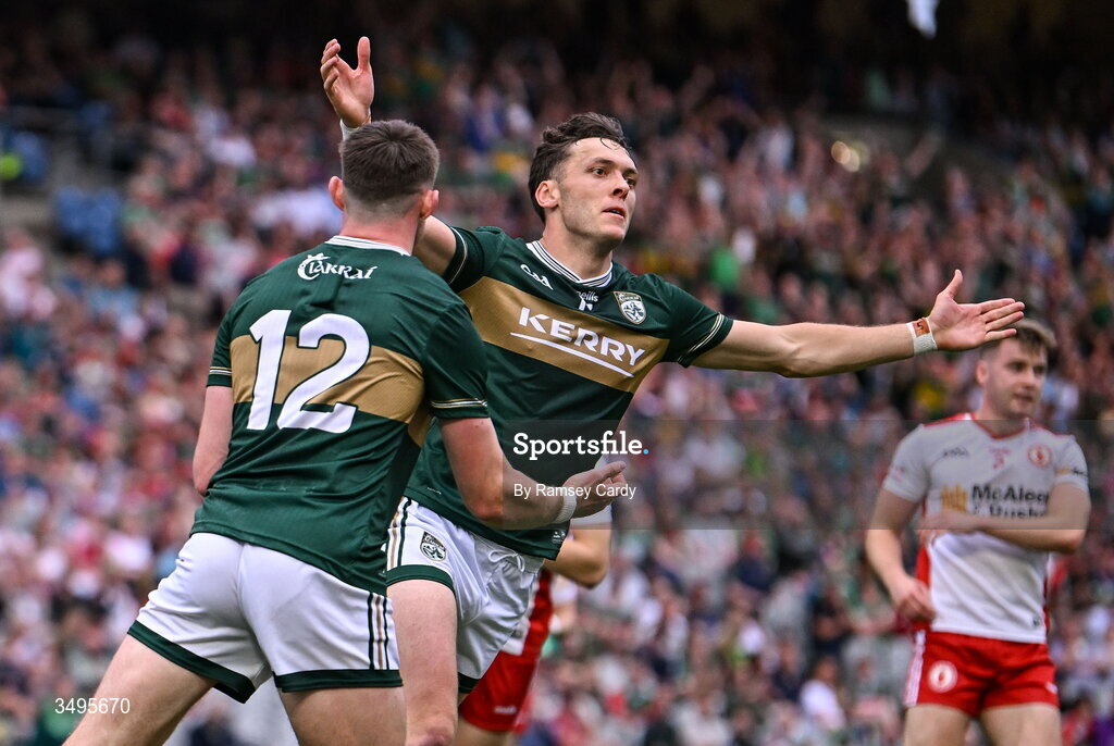 27 June 2026; David Clifford of Kerry celebrates after scoring his side's first goal during the GAA Football All-Ireland Senior Championship quarter-final match between Kerry and Tyrone at Croke Park in Dublin. Photo by Ramsey Cardy/Sportsfile