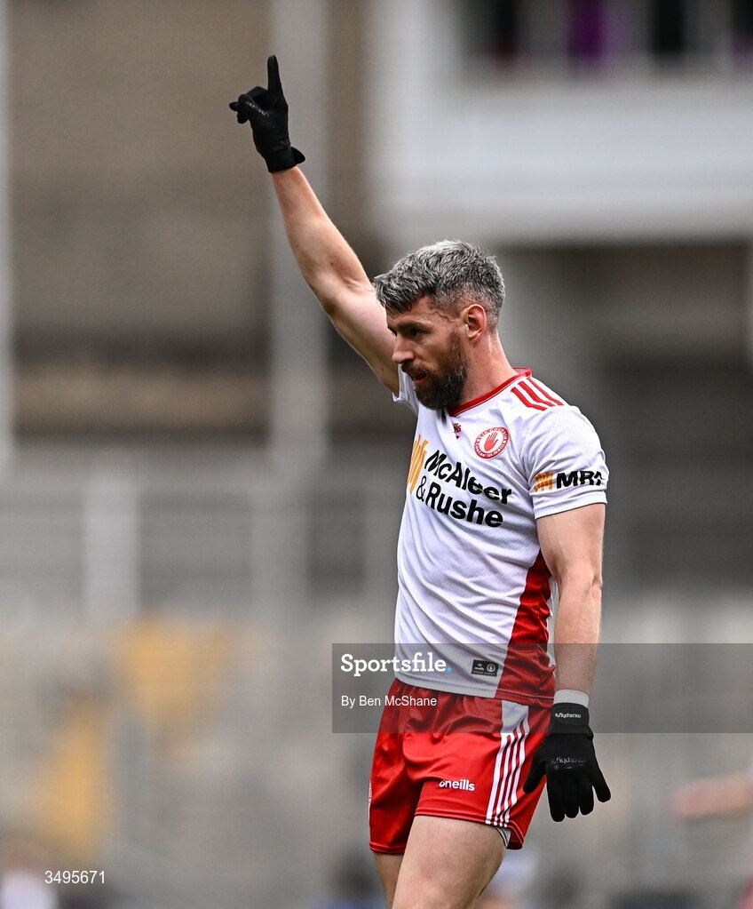 27 June 2026; Mattie Donnelly of Tyrone signals for a point during the GAA Football All-Ireland Senior Championship quarter-final match between Kerry and Tyrone at Croke Park in Dublin. Photo by Ben McShane/Sportsfile