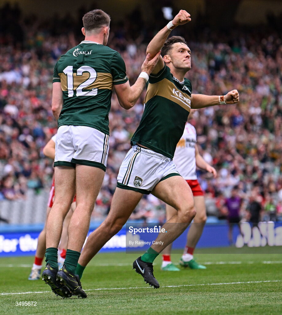 27 June 2026; David Clifford of Kerry celebrates after scoring his side's first goal during the GAA Football All-Ireland Senior Championship quarter-final match between Kerry and Tyrone at Croke Park in Dublin. Photo by Ramsey Cardy/Sportsfile