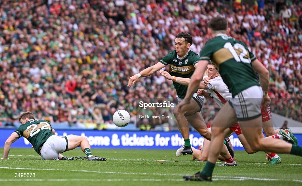 27 June 2026; David Clifford of Kerry on his way to scoring his side's first goal during the GAA Football All-Ireland Senior Championship quarter-final match between Kerry and Tyrone at Croke Park in Dublin. Photo by Ramsey Cardy/Sportsfile