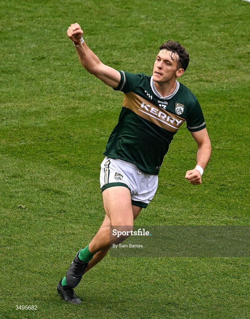 27 June 2026; David Clifford of Kerry celebrates after scoring his side's first goal during the GAA Football All-Ireland Senior Championship quarter-final match between Kerry and Tyrone at Croke Park in Dublin. Photo by Sam Barnes/Sportsfile