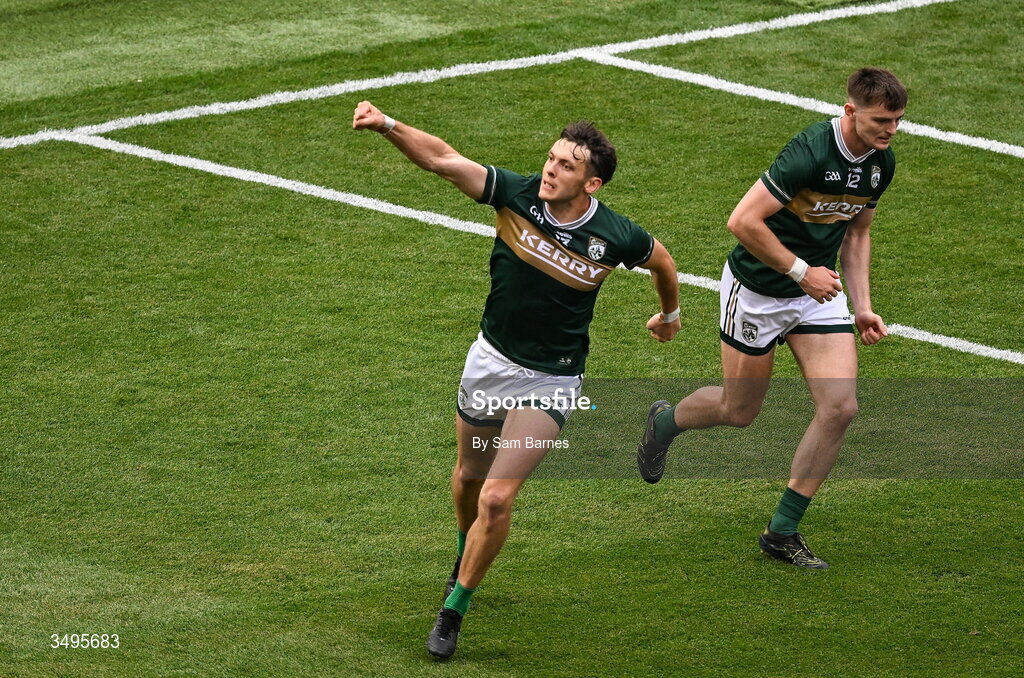 27 June 2026; David Clifford of Kerry, left, celebrates after scoring his side's first goal during the GAA Football All-Ireland Senior Championship quarter-final match between Kerry and Tyrone at Croke Park in Dublin. Photo by Sam Barnes/Sportsfile