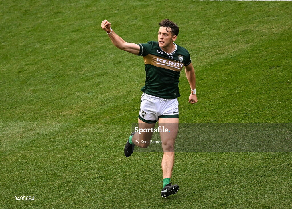 27 June 2026; David Clifford of Kerry celebrates after scoring his side's first goal during the GAA Football All-Ireland Senior Championship quarter-final match between Kerry and Tyrone at Croke Park in Dublin. Photo by Sam Barnes/Sportsfile