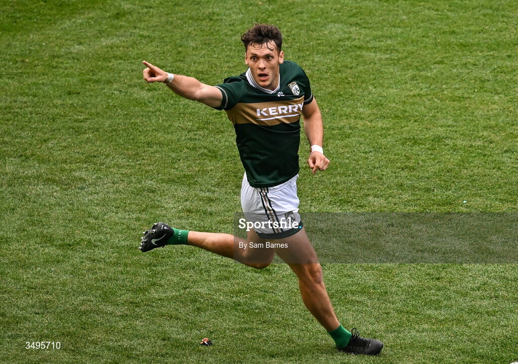 27 June 2026; David Clifford of Kerry celebrates after scoring his side's first goal during the GAA Football All-Ireland Senior Championship quarter-final match between Kerry and Tyrone at Croke Park in Dublin. Photo by Sam Barnes/Sportsfile