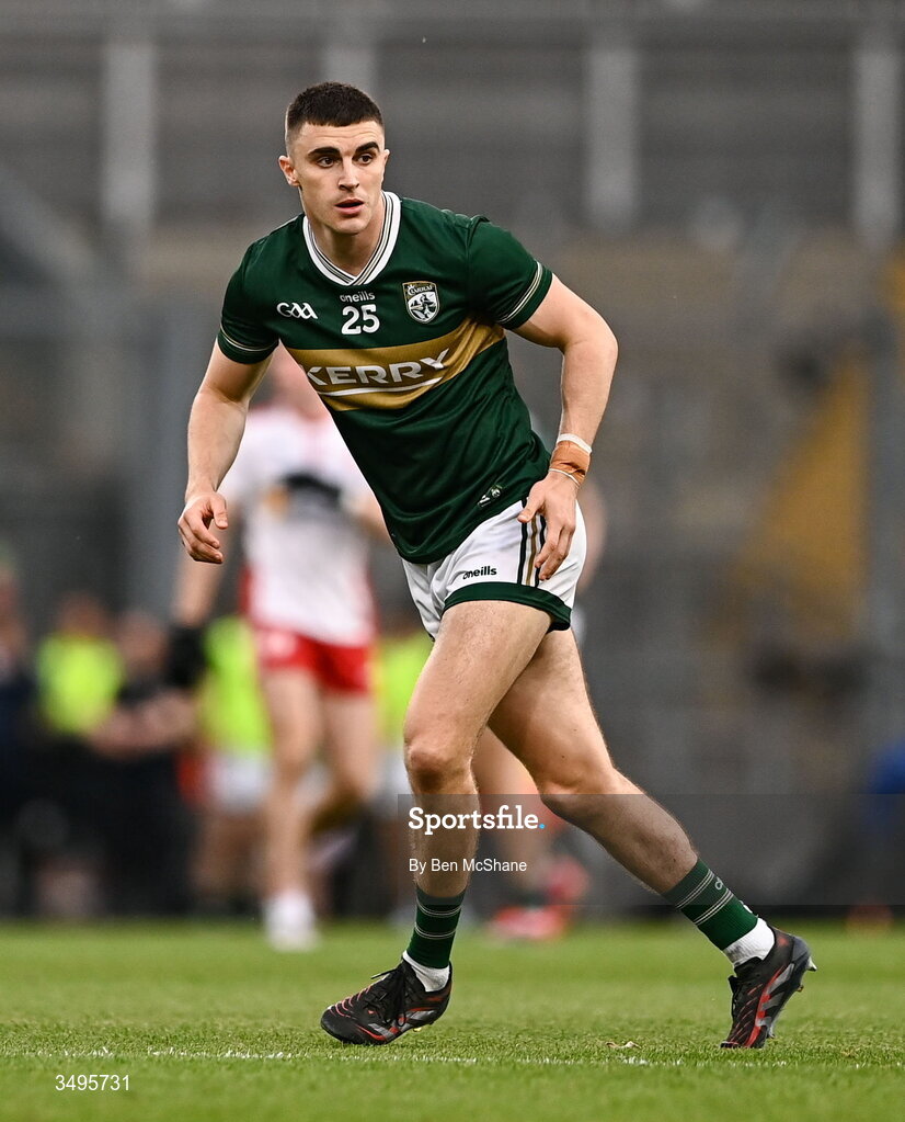 27 June 2026; Seán O'Shea of Kerry during the GAA Football All-Ireland Senior Championship quarter-final match between Kerry and Tyrone at Croke Park in Dublin. Photo by Ben McShane/Sportsfile