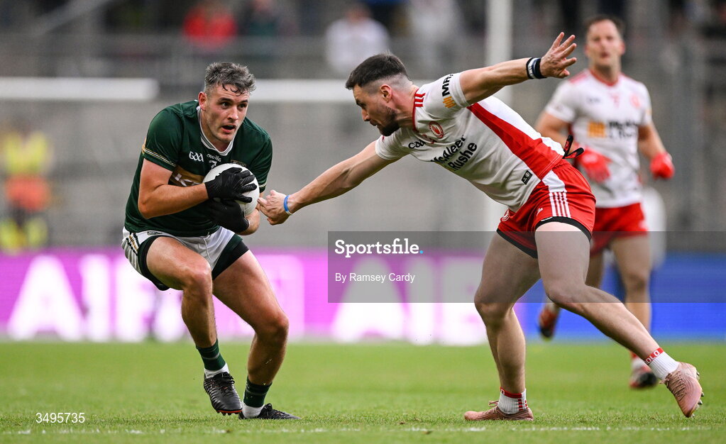 27 June 2026; Graham O'Sullivan of Kerry in action against Peter Teague of Tyrone during the GAA Football All-Ireland Senior Championship quarter-final match between Kerry and Tyrone at Croke Park in Dublin. Photo by Ramsey Cardy/Sportsfile