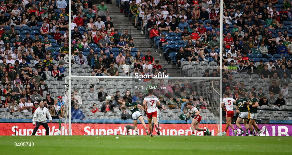 27 June 2026; Dylan Geaney of Kerry fails to connect with the ball as it travels across the Tyrone goal during the GAA Football All-Ireland Senior Championship quarter-final match between Kerry and Tyrone at Croke Park in Dublin. Photo by Ray McManus/Sportsfile