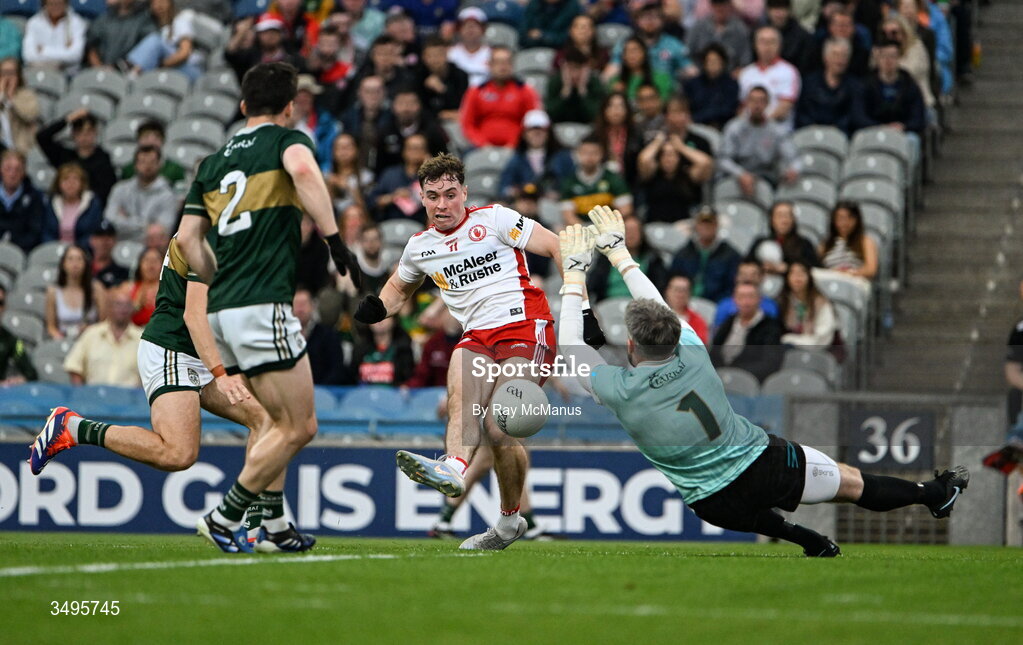 27 June 2026; Kerry goalkeeper Shane Murphy saves a shot from Ronan Cassidy of Tyrone during the GAA Football All-Ireland Senior Championship quarter-final match between Kerry and Tyrone at Croke Park in Dublin. Photo by Ray McManus/Sportsfile
