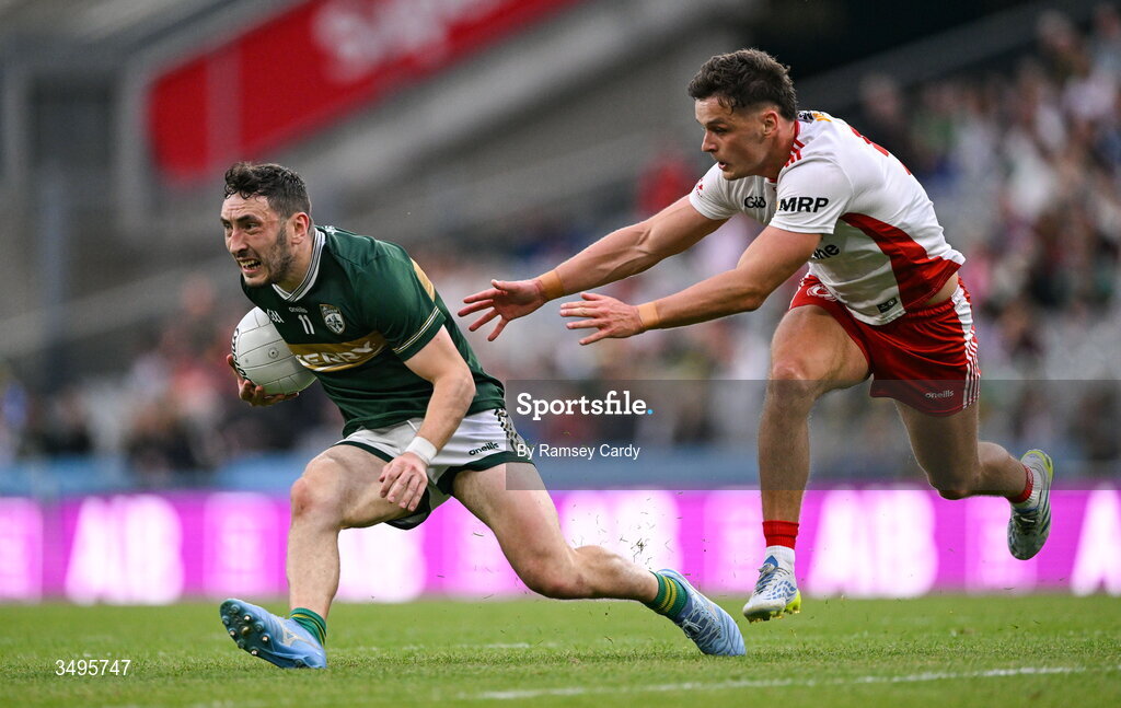 27 June 2026; Paudie Clifford of Kerry in action against Michael McKernan of Tyrone during the GAA Football All-Ireland Senior Championship quarter-final match between Kerry and Tyrone at Croke Park in Dublin. Photo by Ramsey Cardy/Sportsfile