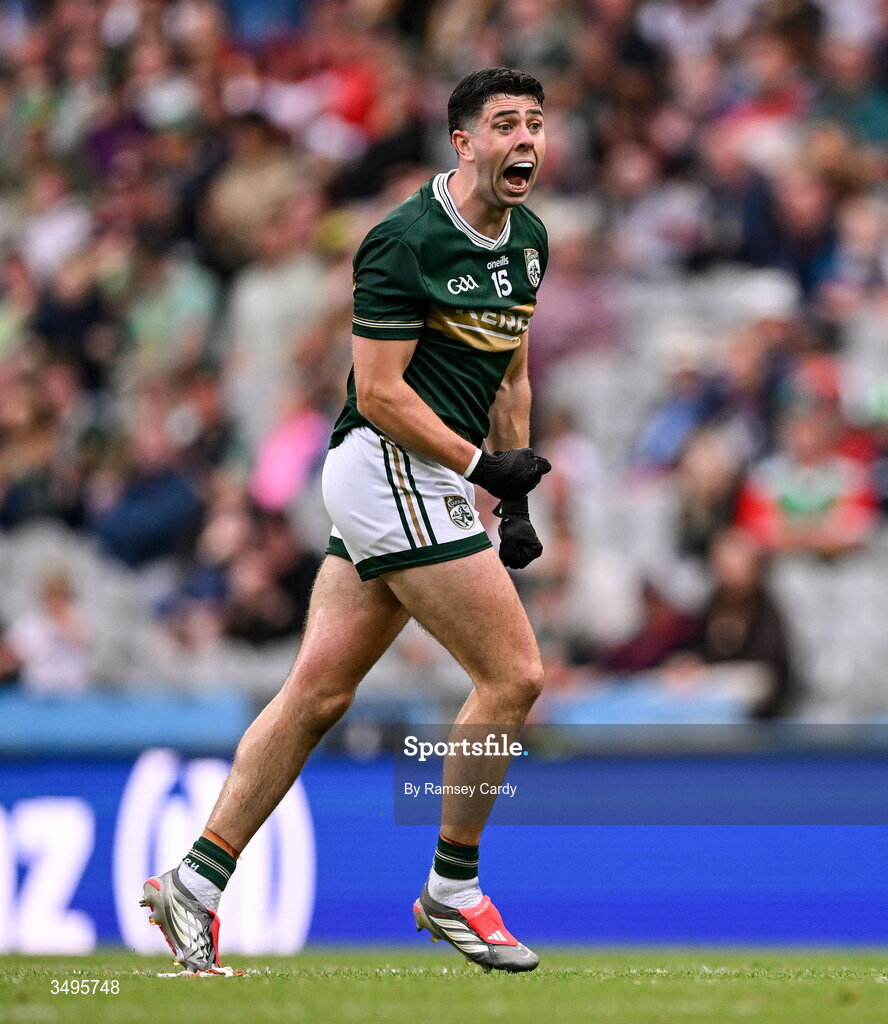 27 June 2026; Dylan Geaney of Kerry celebrates after a two-point score during the GAA Football All-Ireland Senior Championship quarter-final match between Kerry and Tyrone at Croke Park in Dublin. Photo by Ramsey Cardy/Sportsfile