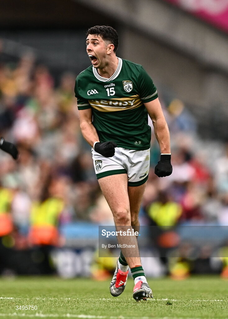 27 June 2026; Dylan Geaney of Kerry celebrates kicking a two-point score during the GAA Football All-Ireland Senior Championship quarter-final match between Kerry and Tyrone at Croke Park in Dublin. Photo by Ben McShane/Sportsfile