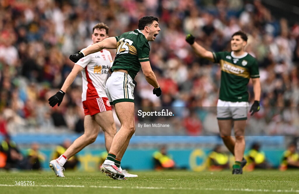 27 June 2026; Dylan Geaney of Kerry celebrates kicking a two-point score during the GAA Football All-Ireland Senior Championship quarter-final match between Kerry and Tyrone at Croke Park in Dublin. Photo by Ben McShane/Sportsfile
