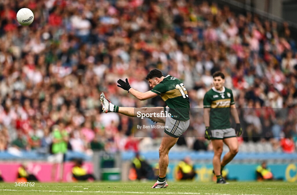 27 June 2026; Dylan Geaney of Kerry kicks a two-point score during the GAA Football All-Ireland Senior Championship quarter-final match between Kerry and Tyrone at Croke Park in Dublin. Photo by Ben McShane/Sportsfile