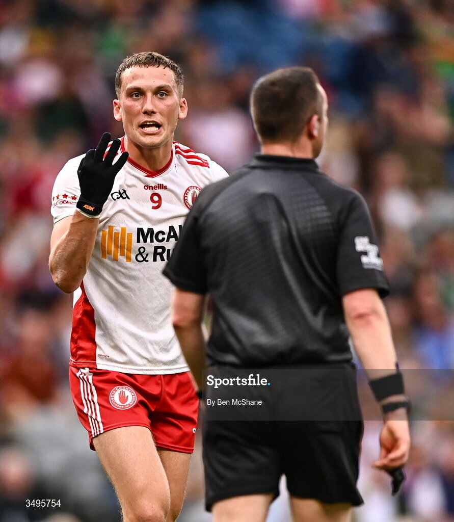 27 June 2026; Conn Kilpatrick of Tyrone remonstrates with referee Paddy Neilan during the GAA Football All-Ireland Senior Championship quarter-final match between Kerry and Tyrone at Croke Park in Dublin. Photo by Ben McShane/Sportsfile
