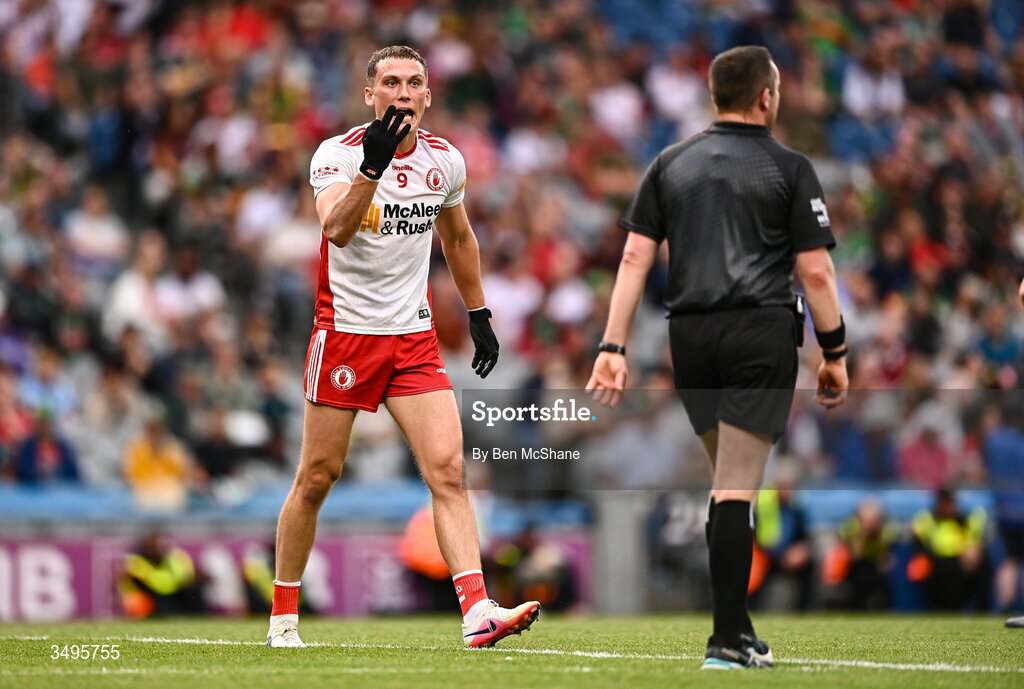 27 June 2026; Conn Kilpatrick of Tyrone remonstrates with referee Paddy Neilan during the GAA Football All-Ireland Senior Championship quarter-final match between Kerry and Tyrone at Croke Park in Dublin. Photo by Ben McShane/Sportsfile