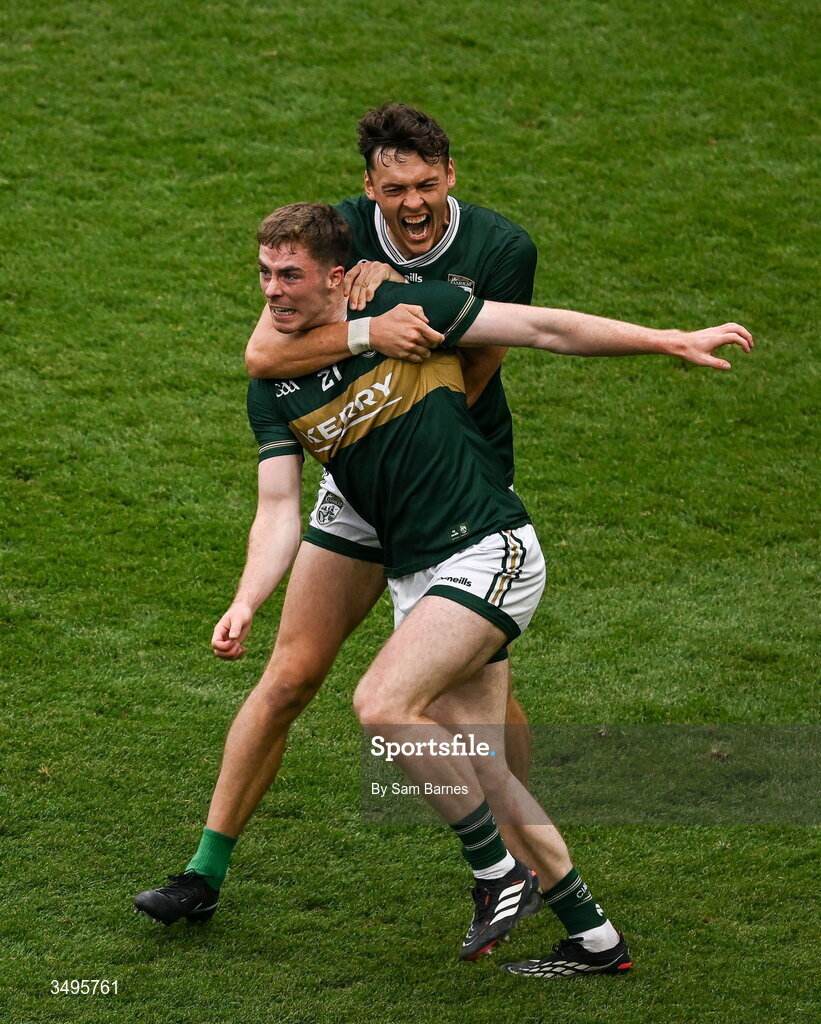 27 June 2026; Armin Heinrich of Kerry, left, celebrates with teammate David Clifford after scoring their side's second goal during the GAA Football All-Ireland Senior Championship quarter-final match between Kerry and Tyrone at Croke Park in Dublin. Photo by Sam Barnes/Sportsfile