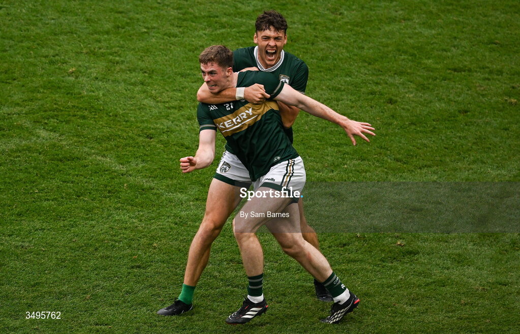 27 June 2026; Armin Heinrich of Kerry, left, celebrates with teammate David Clifford after scoring their side's second goal during the GAA Football All-Ireland Senior Championship quarter-final match between Kerry and Tyrone at Croke Park in Dublin. Photo by Sam Barnes/Sportsfile