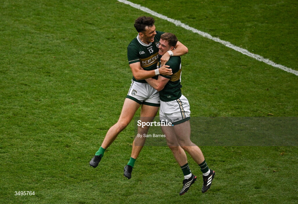 27 June 2026; Armin Heinrich of Kerry, right, celebrates with teammate David Clifford after scoring their side's second goal during the GAA Football All-Ireland Senior Championship quarter-final match between Kerry and Tyrone at Croke Park in Dublin. Photo by Sam Barnes/Sportsfile