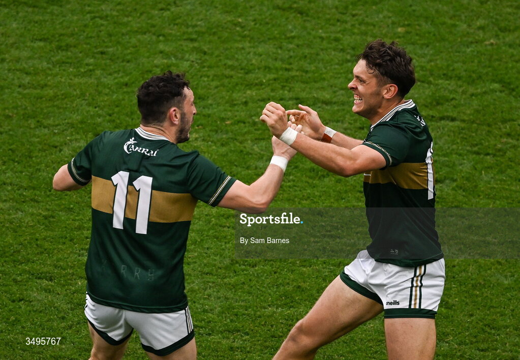 27 June 2026; David Clifford of Kerry, right, celebrates with his teammate and brother Paudie Clifford after their side's victory in the GAA Football All-Ireland Senior Championship quarter-final match between Kerry and Tyrone at Croke Park in Dublin. Photo by Sam Barnes/Sportsfile
