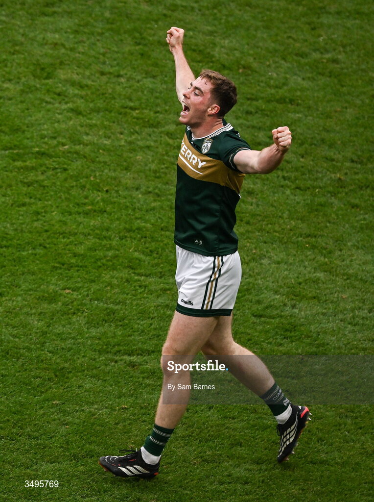 27 June 2026; Armin Heinrich of Kerry celebrates after his side's victory in the GAA Football All-Ireland Senior Championship quarter-final match between Kerry and Tyrone at Croke Park in Dublin. Photo by Sam Barnes/Sportsfile