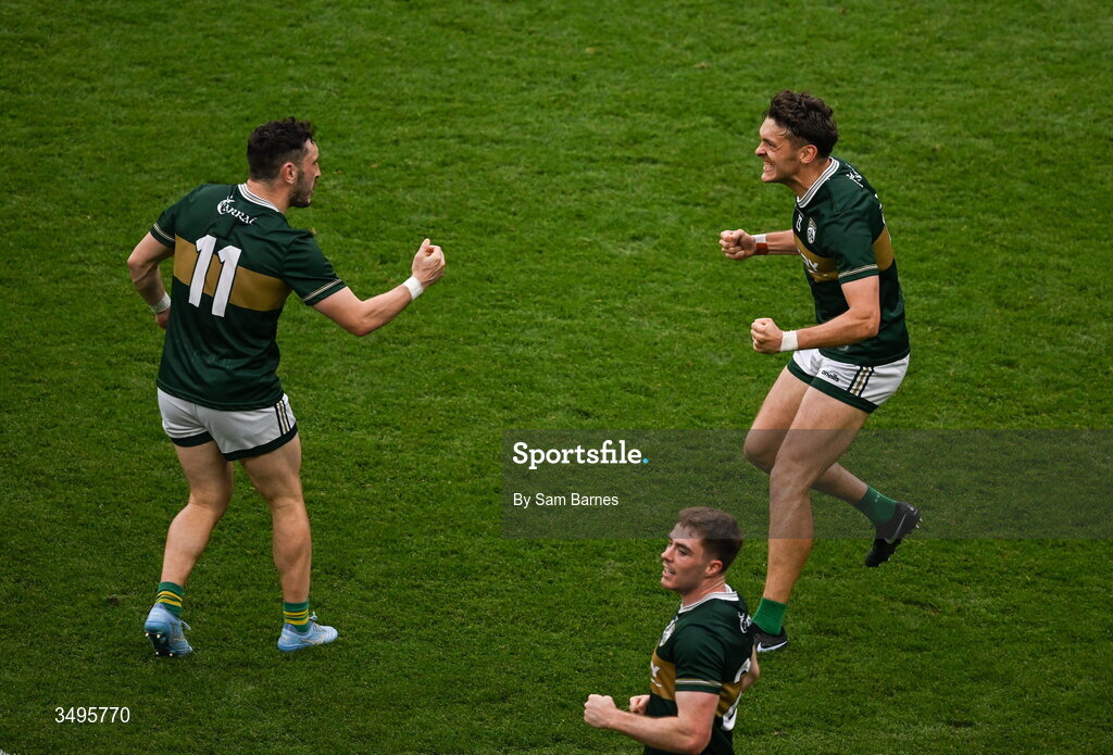 27 June 2026; David Clifford of Kerry, right, celebrates with his teammate and brother Paudie Clifford after their side's victory in the GAA Football All-Ireland Senior Championship quarter-final match between Kerry and Tyrone at Croke Park in Dublin. Photo by Sam Barnes/Sportsfile