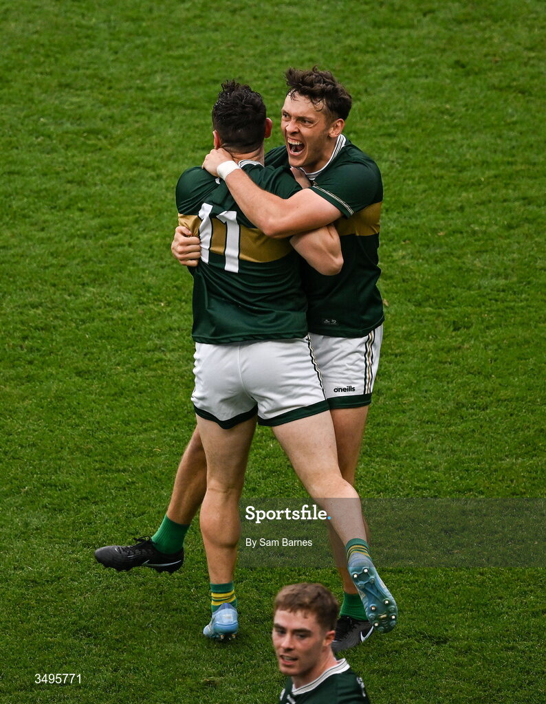 27 June 2026; David Clifford of Kerry, right, celebrates with his teammate and brother Paudie Clifford after their side's victory in the GAA Football All-Ireland Senior Championship quarter-final match between Kerry and Tyrone at Croke Park in Dublin. Photo by Sam Barnes/Sportsfile