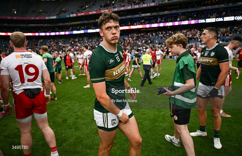 27 June 2026; David Clifford of Kerry reacts after his side's victory in the GAA Football All-Ireland Senior Championship quarter-final match between Kerry and Tyrone at Croke Park in Dublin. Photo by Ben McShane/Sportsfile