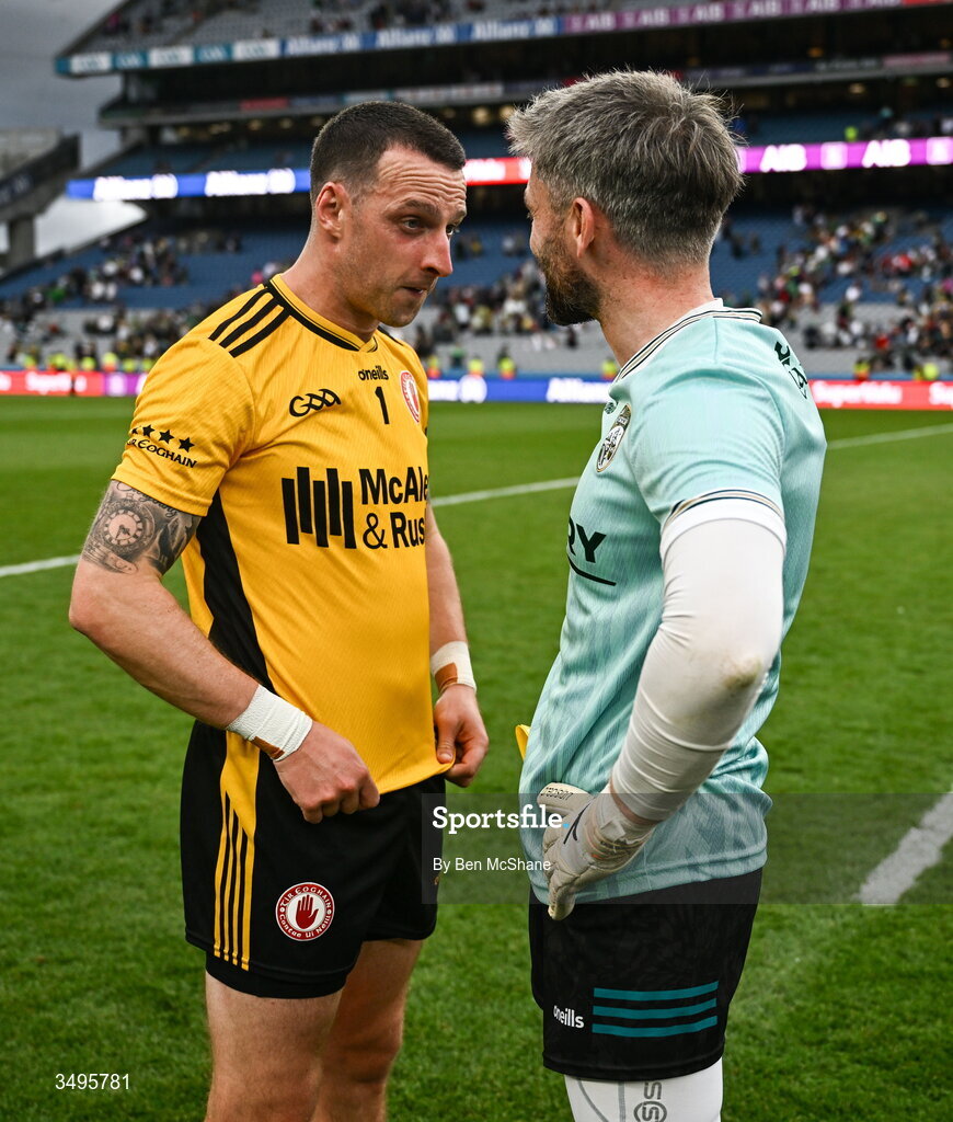 27 June 2026; Kerry goalkeeper Shane Murphy, right, with Tyrone goalkeeper Niall Morgan after the GAA Football All-Ireland Senior Championship quarter-final match between Kerry and Tyrone at Croke Park in Dublin. Photo by Ben McShane/Sportsfile